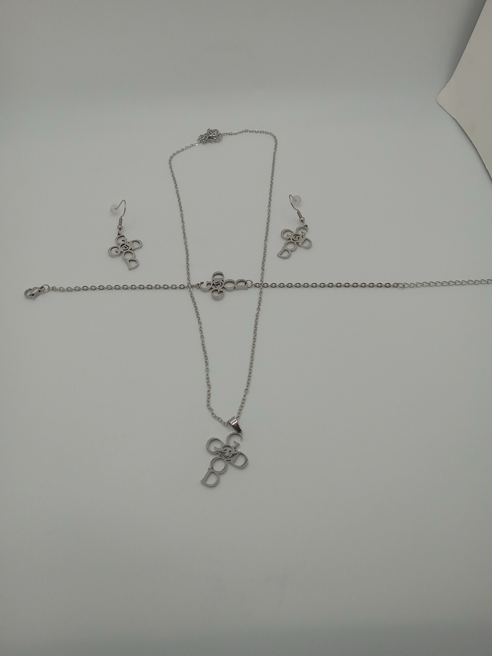 GOD Cross Jewelry Set Necklace Bracelet Earrings Silver Tone Christian